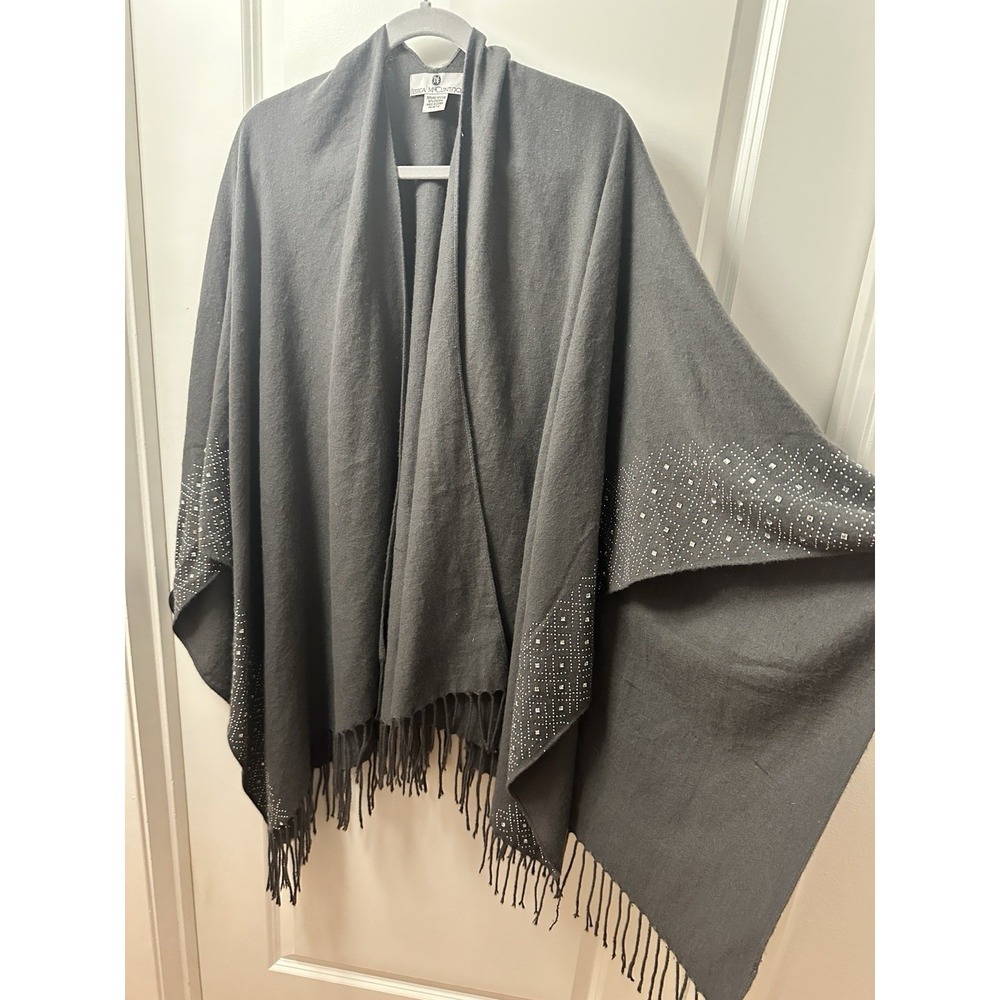 Jessica McClintock Shawl Wtap Womens Gray Rhinestones Fringe‎ Beaded Bling Soft
